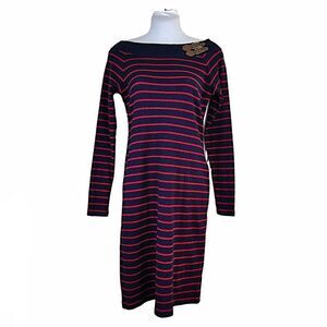 LAUREN RALPH LAUREN Navy & Red Stripe Knit Dress w/Buckle Detail. Size Small